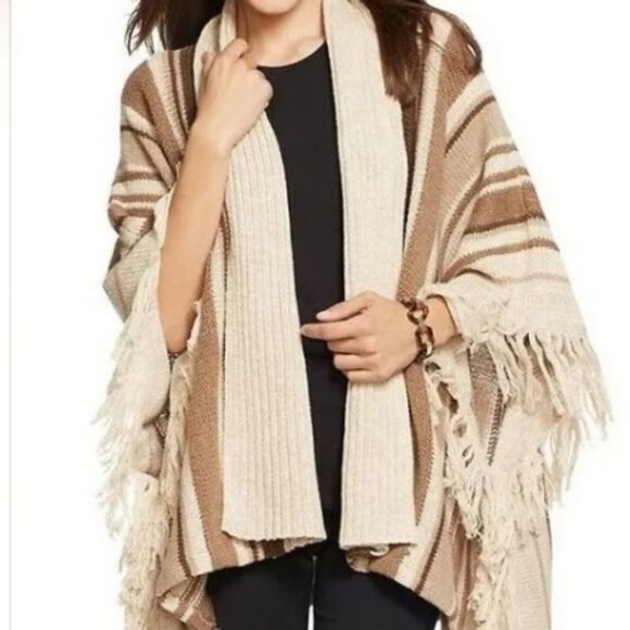 Ralph Lauren Neutral Aztec Southwest Western Wool Blend Poncho Cardigan Size L - Picture 2 of 12